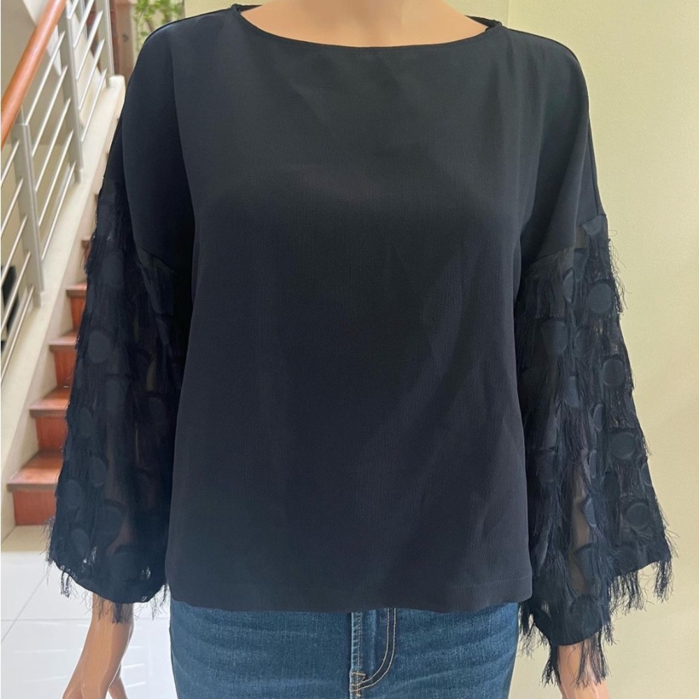H&M Navy Boatneck Fringe Sleeve Blouse | Textured Sheer Statement Sleeve Top M